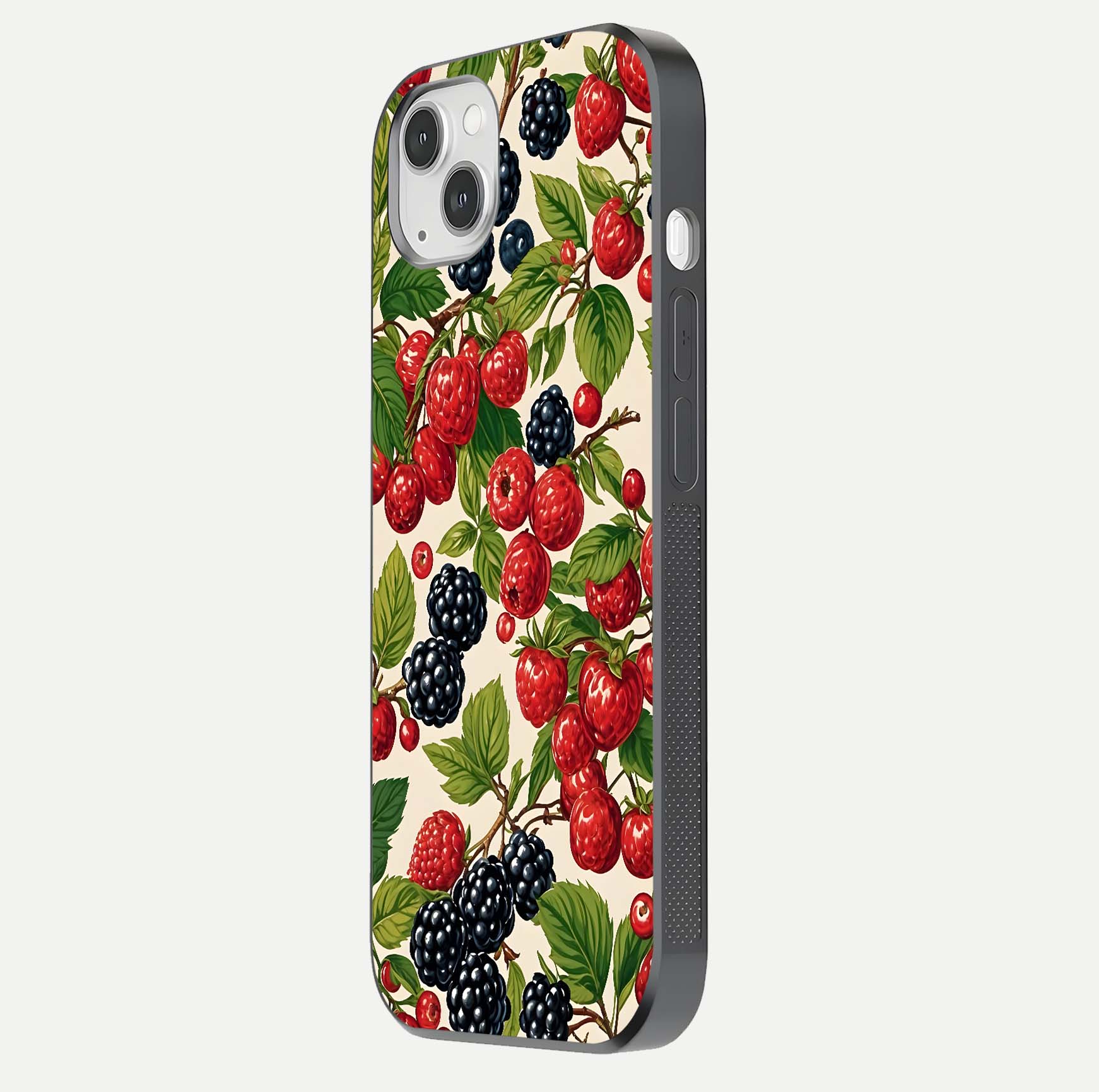 Mixed Berry Collage Glass Case for iPhone 14 Plus side-angle image showing reflection and HD fruit texture