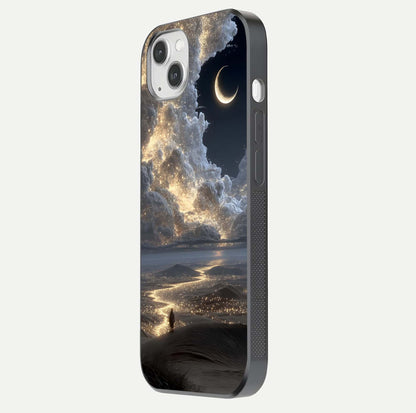 Moonlight Spark Path Glass Case for iPhone 14 Plus side-angle image showing reflection and moonlit detail
