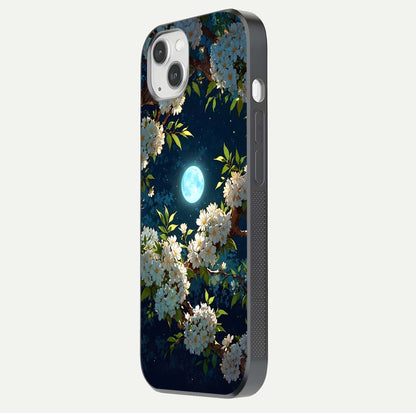 Moonlit Blossom Dream Glass Case for iPhone 14 Plus side-angle image showing shine depth and flower glow
