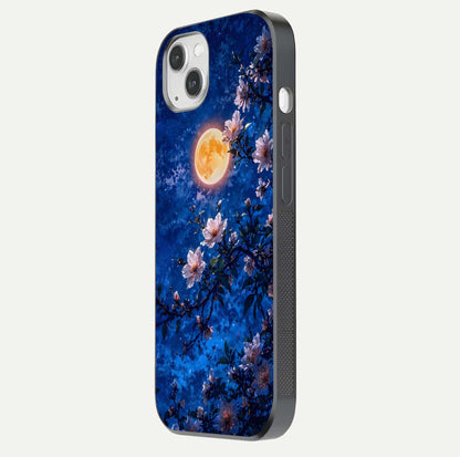 Moonlit Blossoms Night Glass Case for iPhone 14 Plus side-angle image revealing shine and night bloom texture