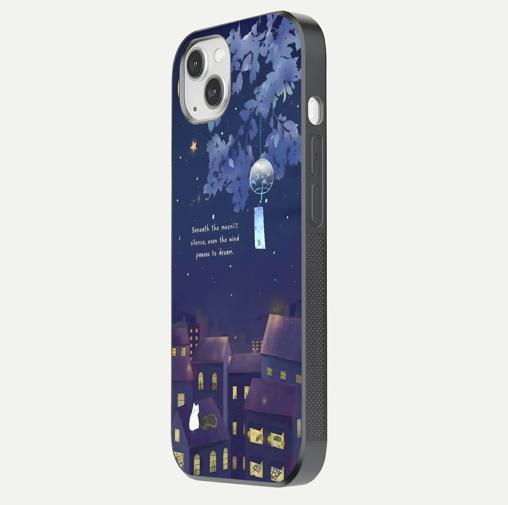 Moonlit Cat Silence Glass Case for iPhone 14 Plus side-angle image showing HD gloss and feline artwork detail