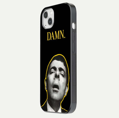 Mr Bean Damn Glass Case for iPhone 14 Plus side-angle image emphasizing HD print clarity and playful theme