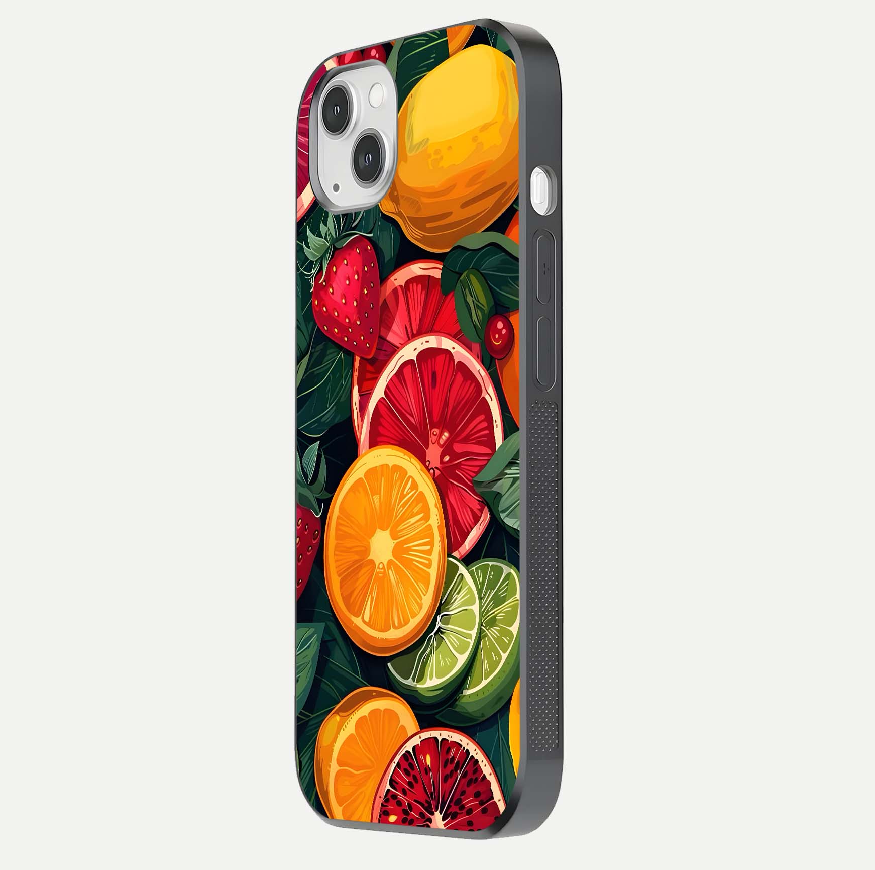 Multiple Fruits Glass Case for iPhone 14 Plus side-angle image showing glossy surface and vivid fruit pattern