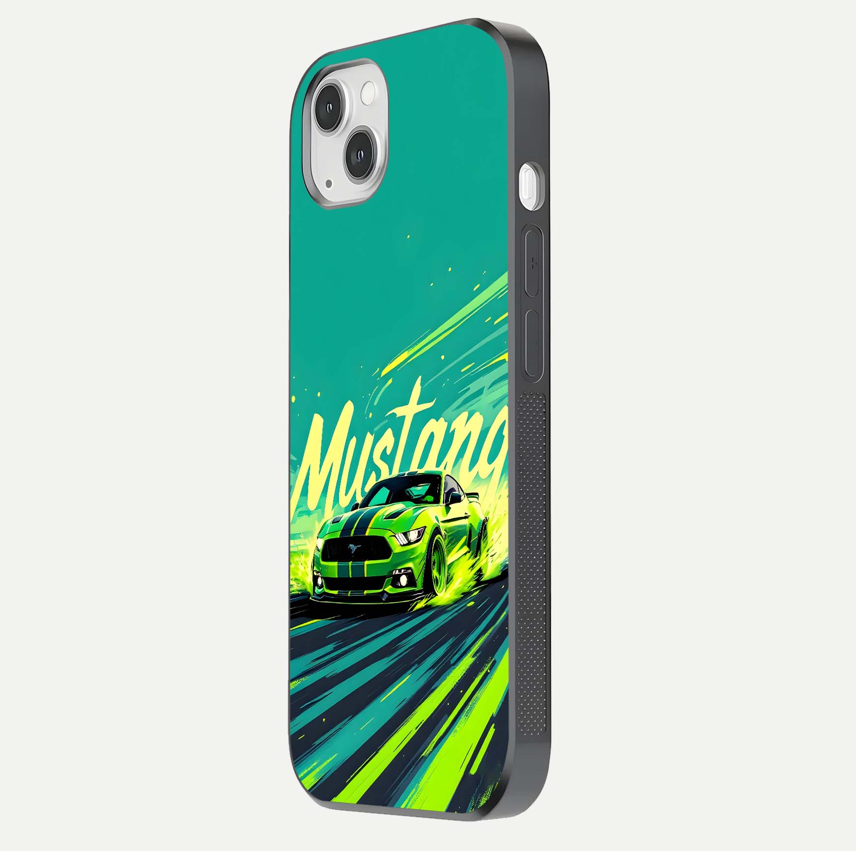 Mustang Bang Glass Case for iPhone 14 Plus side-angle image showing reflection clarity and bold car artwork