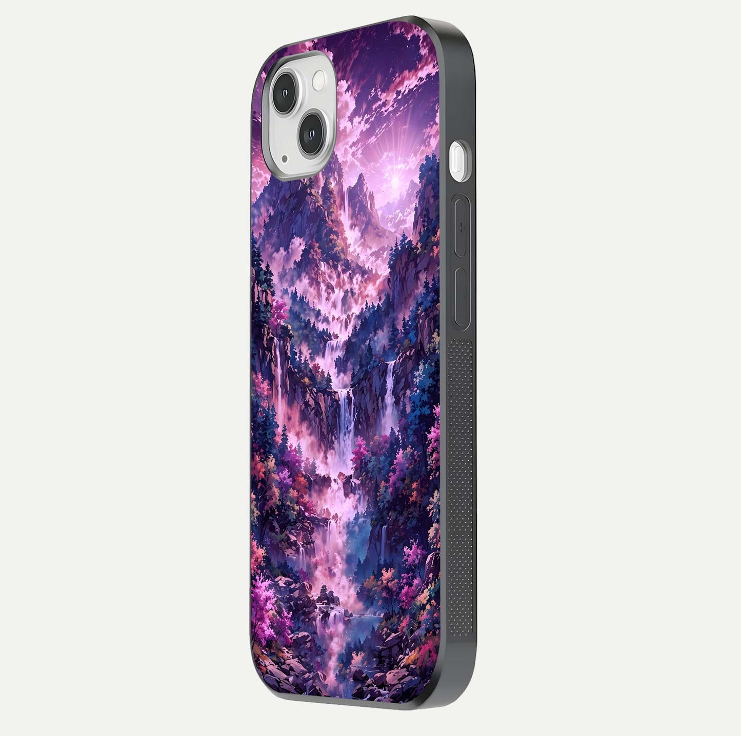 Mystic Cascade Peaks Glass Case for iPhone 14 Plus side-angle image showing reflection and scenic art clarity