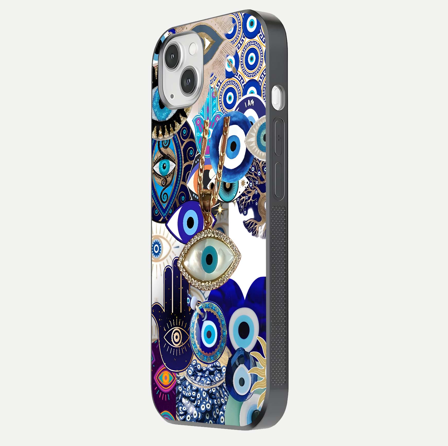 Mystic Charm Eye Glass Case for iPhone 14 Plus side-angle image showing HD reflection and sacred tone