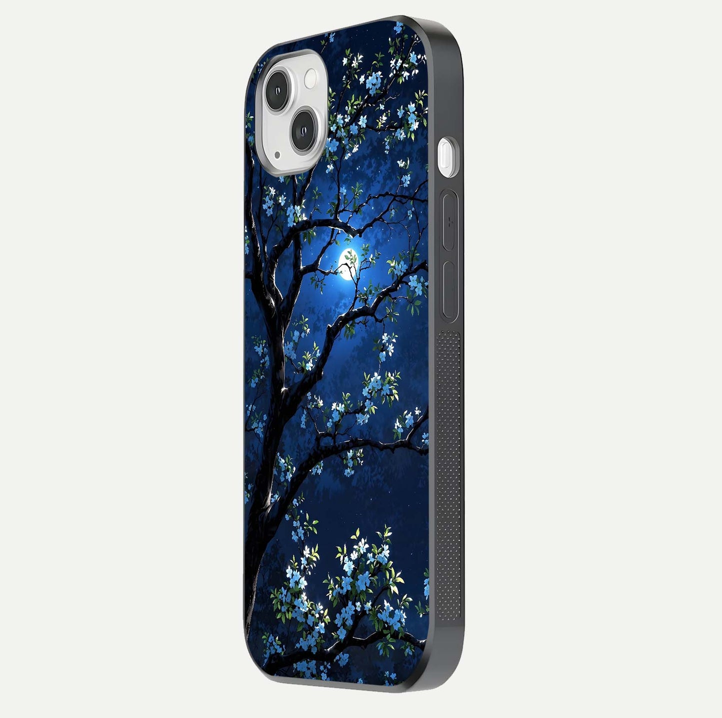Mystic Floral Night Glass Case for iPhone 14 Plus side-angle image showing gloss surface and midnight floral tones