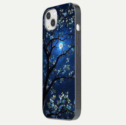 Mystic Floral Night Glass Case for iPhone 14 Plus side-angle image showing gloss surface and midnight floral tones