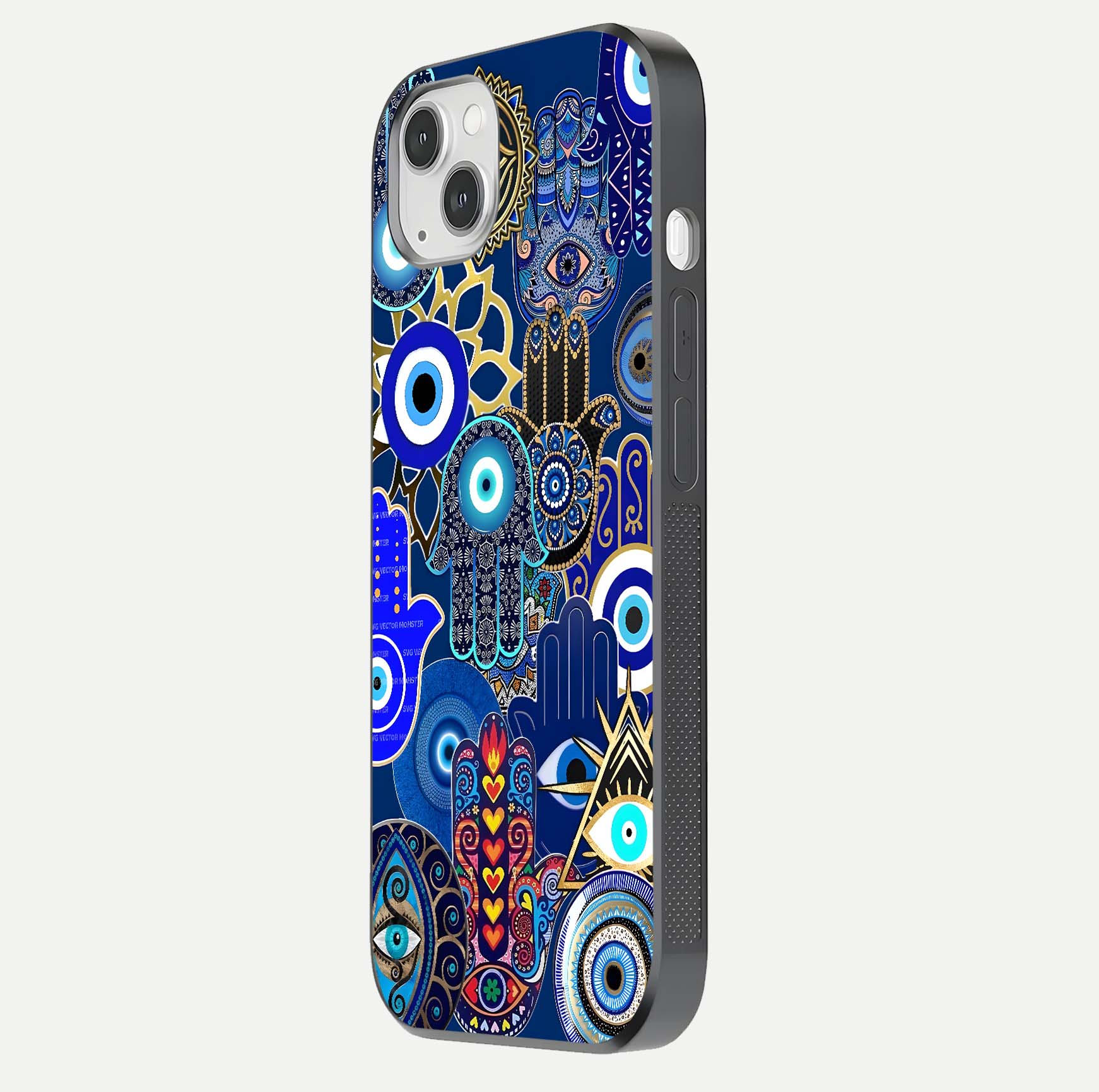 Mystic Palm Guard Glass Case for iPhone 14 Plus side-angle image showing shine depth and sacred motif