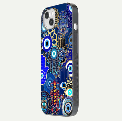 Mystic Palm Guard Glass Case for iPhone 14 Plus side-angle image showing shine depth and sacred motif