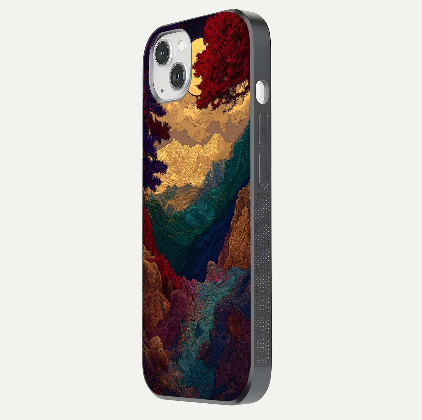 Mystic Valley Light Glass Case for iPhone 14 Plus side-angle image showing shine and peaceful hues