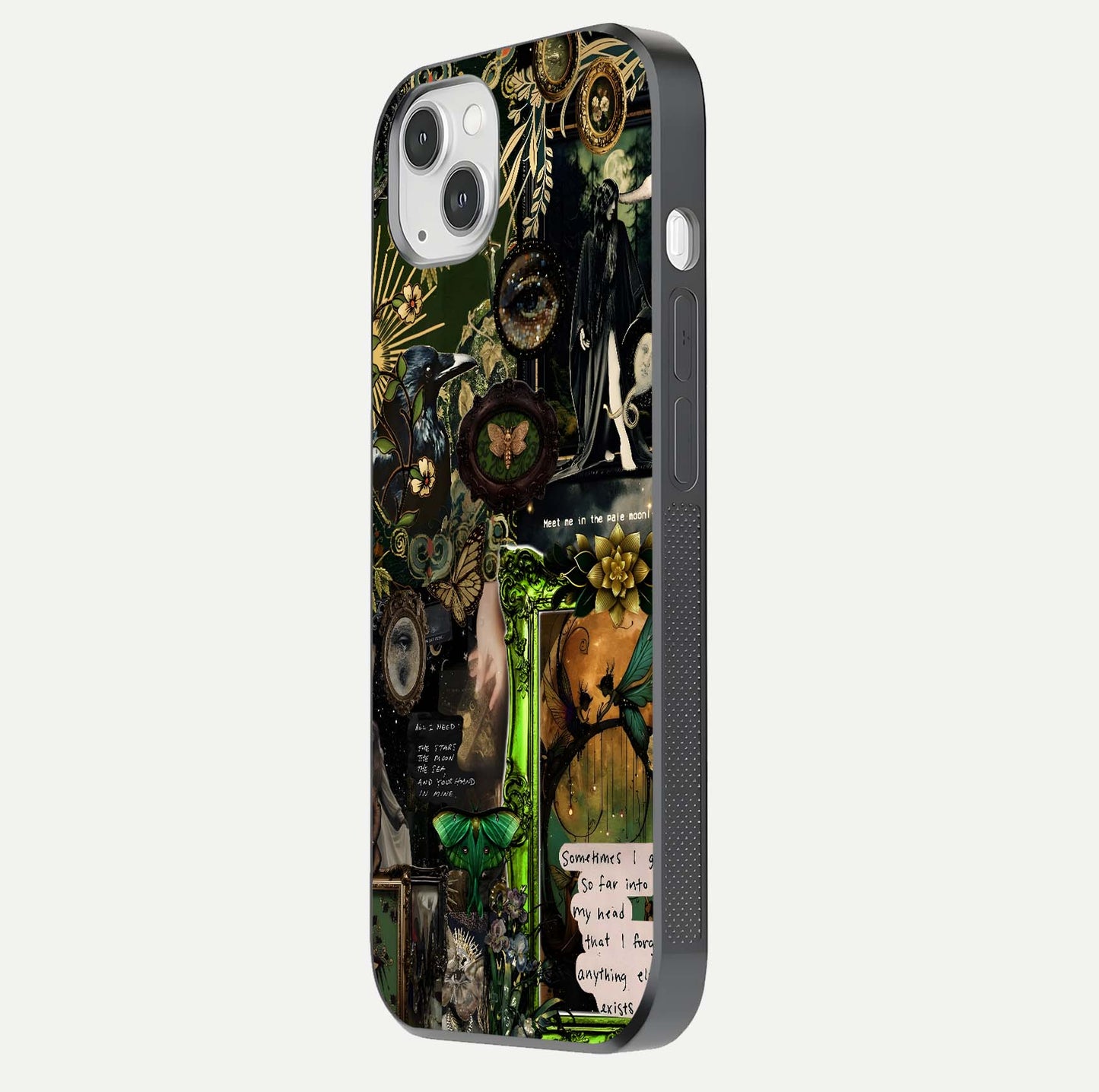 Mystic Woods Secret Glass Case for iPhone 14 Plus side-angle image showing gloss reflection and forest pattern