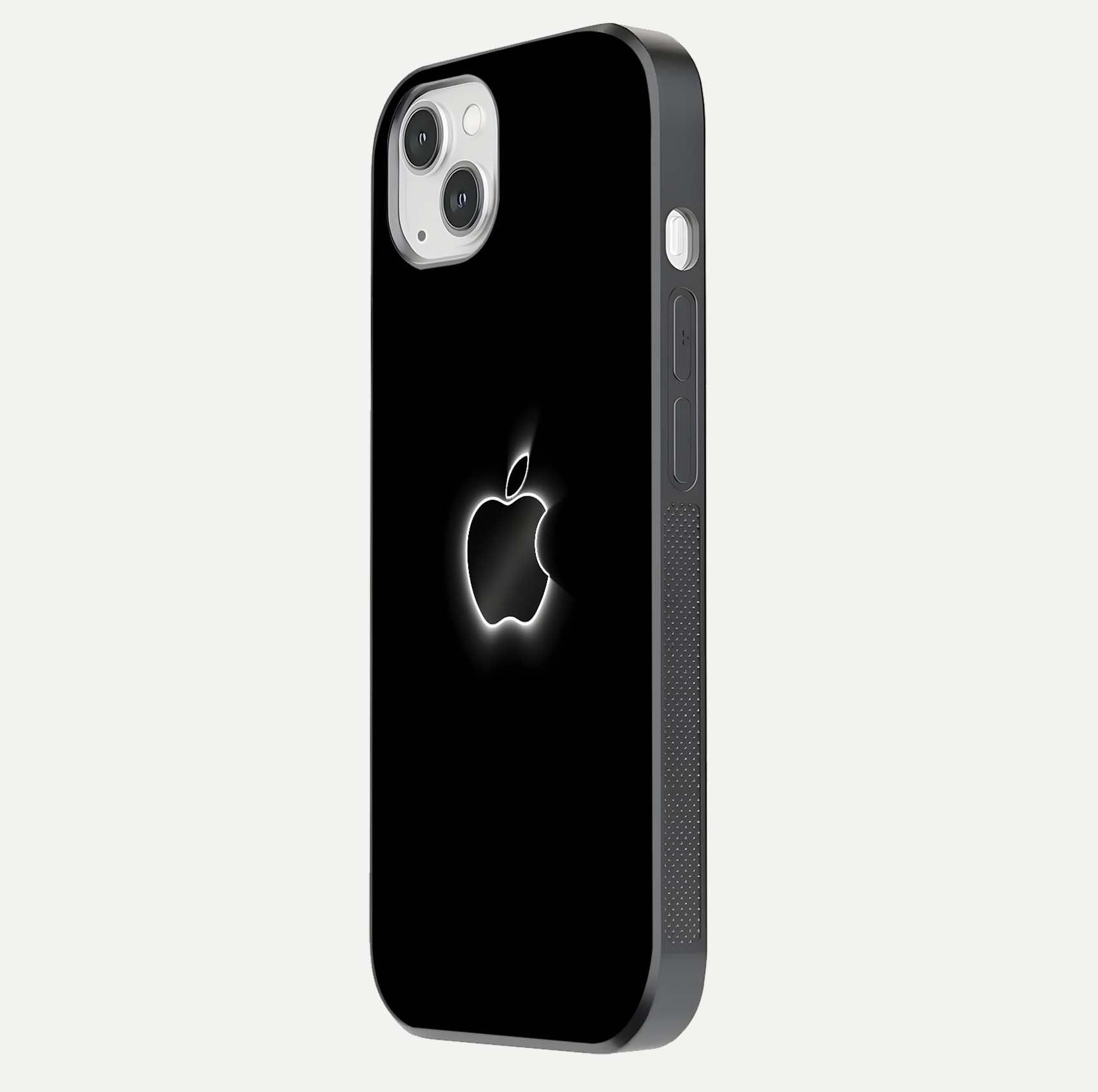 Neon Apple Glow Glass Case for iPhone 14 Plus side-angle image showing light reflection and glow effect