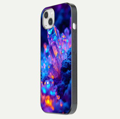 Neon Aura Shards Glass Case for iPhone 14 Plus side-angle image showing light depth and glossy contrast