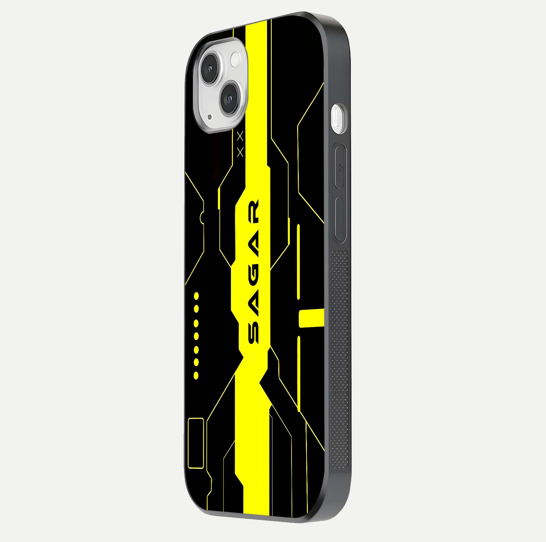 Neon CYBERPUNK Custom Name Glass Case for iPhone 14 Plus side-angle image showing glow depth and bold print