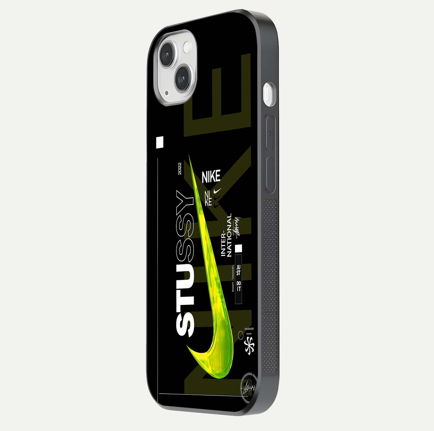 Neon Street Edition Glass Case for iPhone 14 Plus side-angle image showing reflection depth and modern tones
