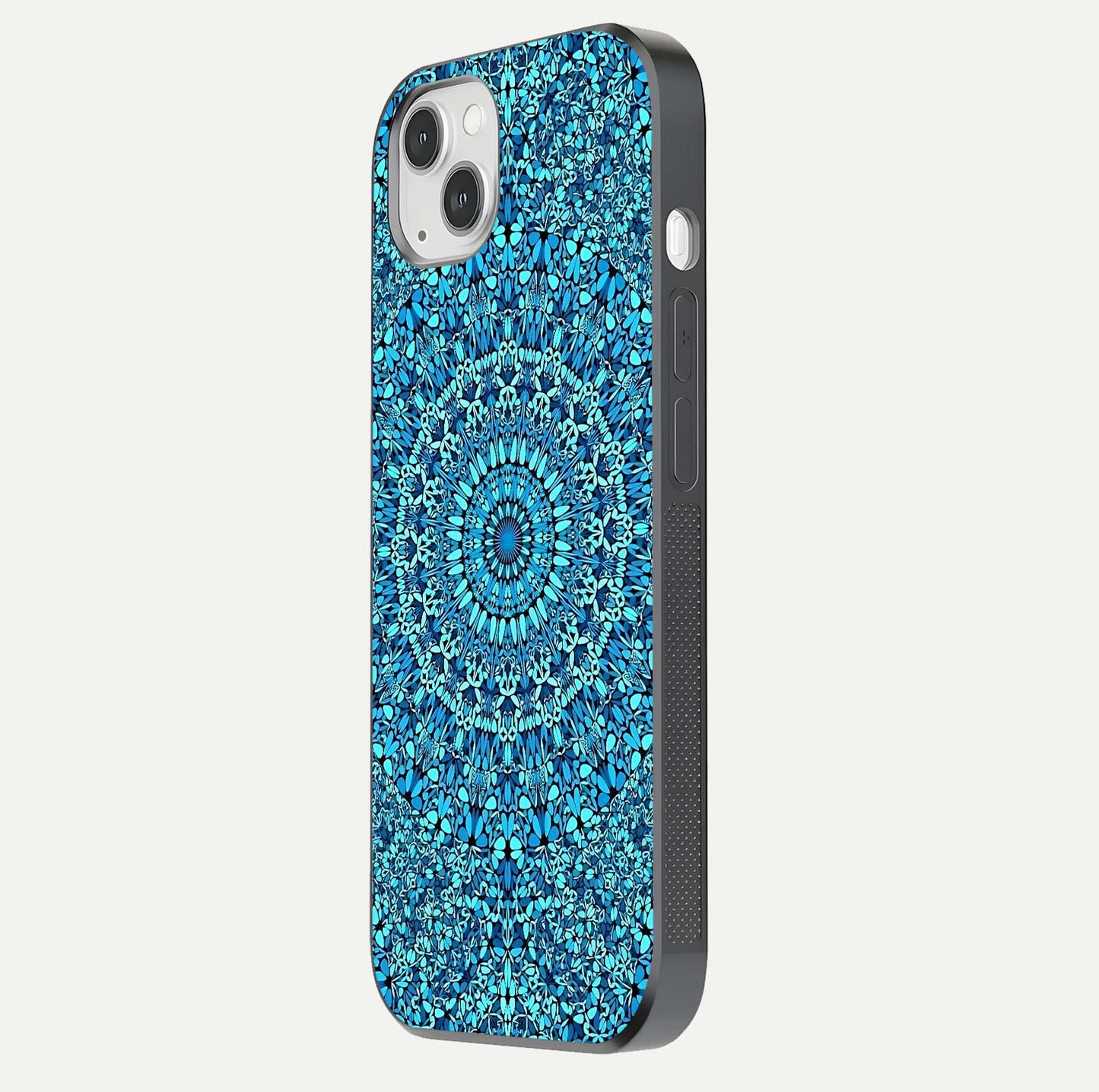 Ocean Bloom Mandala Glass Case for iPhone 14 Plus side-angle image showing reflection and detailed floral pattern