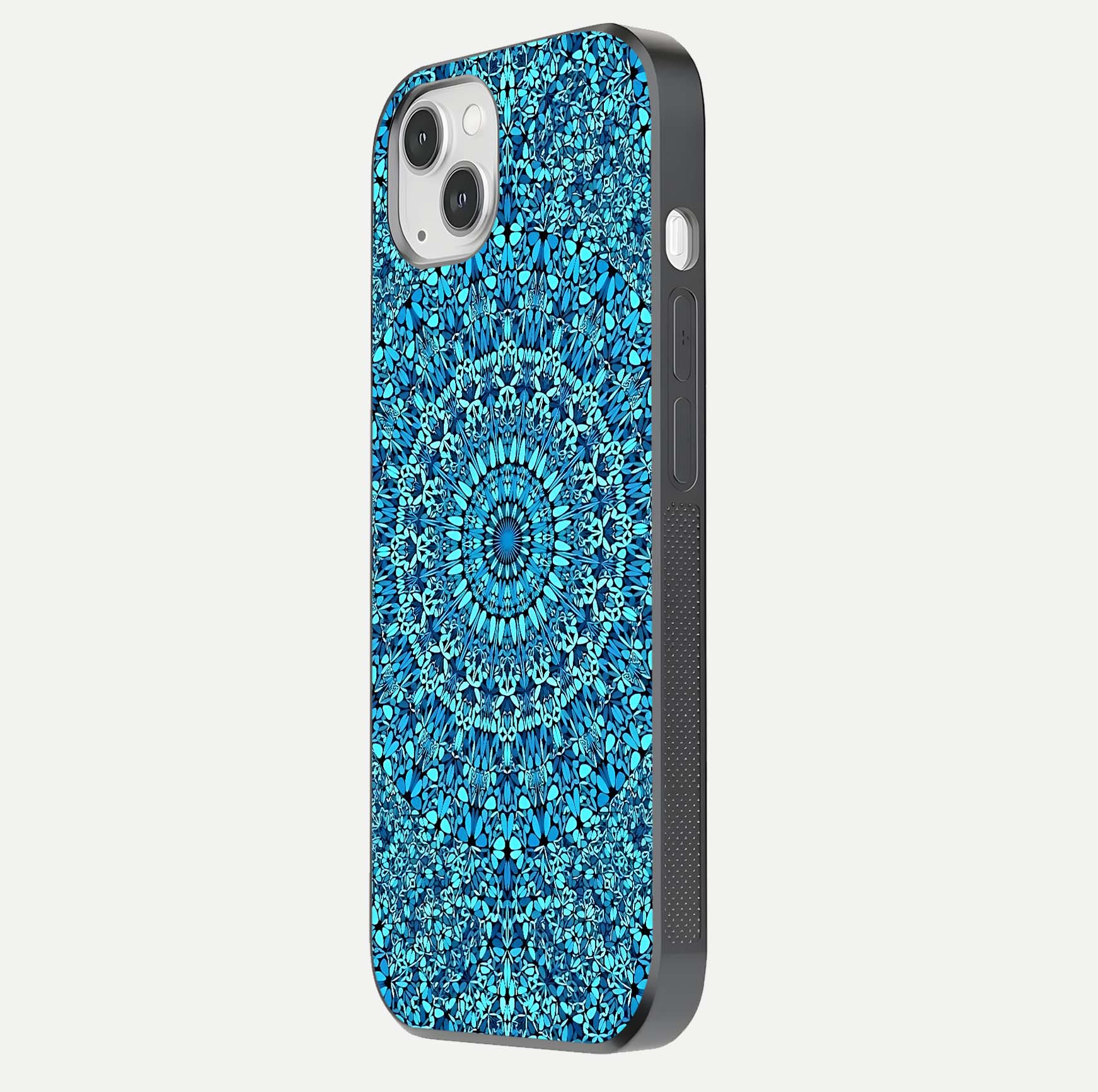 Ocean Bloom Mandala Glass Case for iPhone 14 Plus side-angle image showing reflection and detailed floral pattern