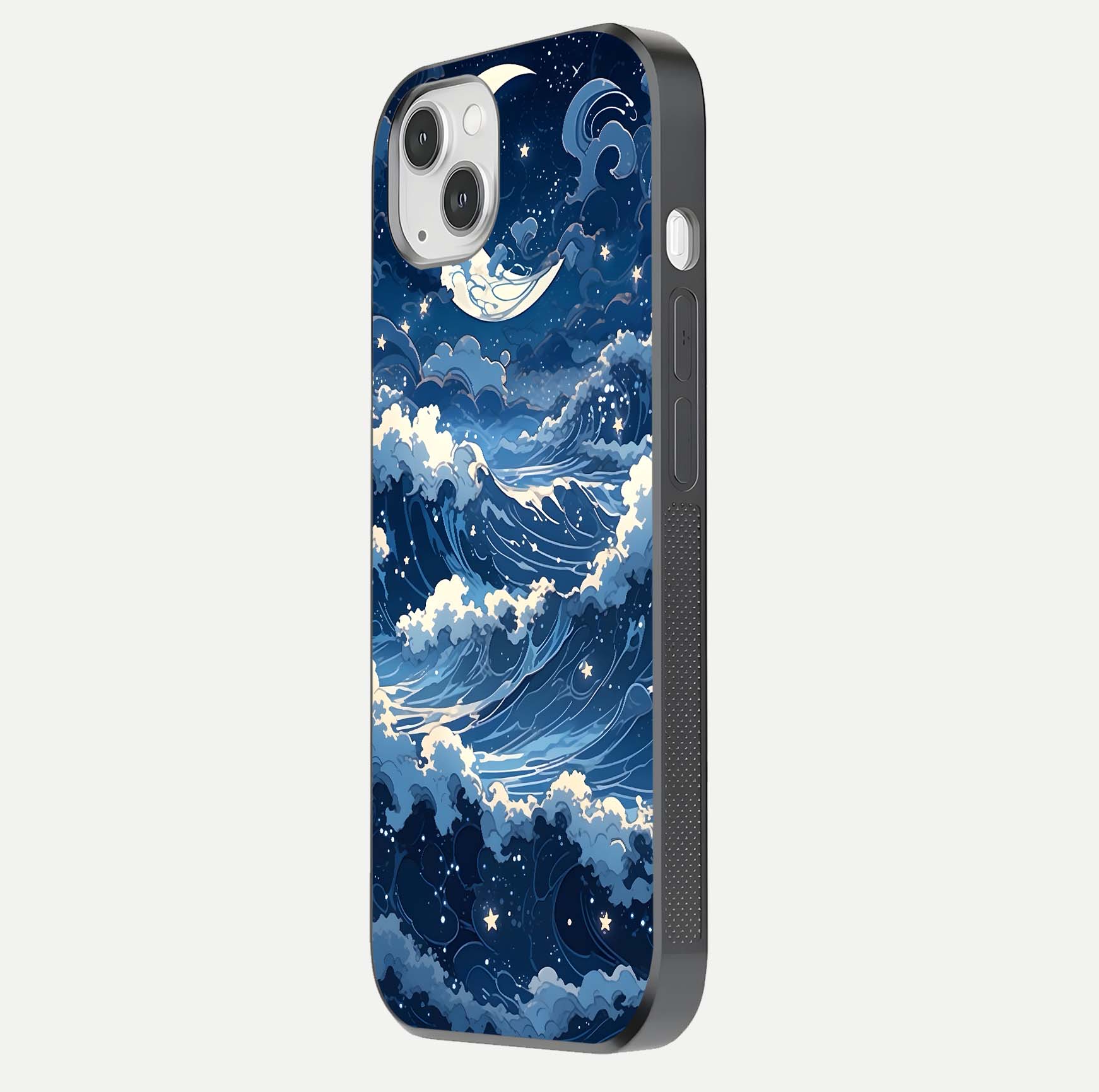 Ocean Moon Waves Glass Case for iPhone 14 Plus side-angle image showing shine and ocean gradient tones