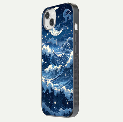 Ocean Moon Waves Glass Case for iPhone 14 Plus side-angle image showing shine and ocean gradient tones