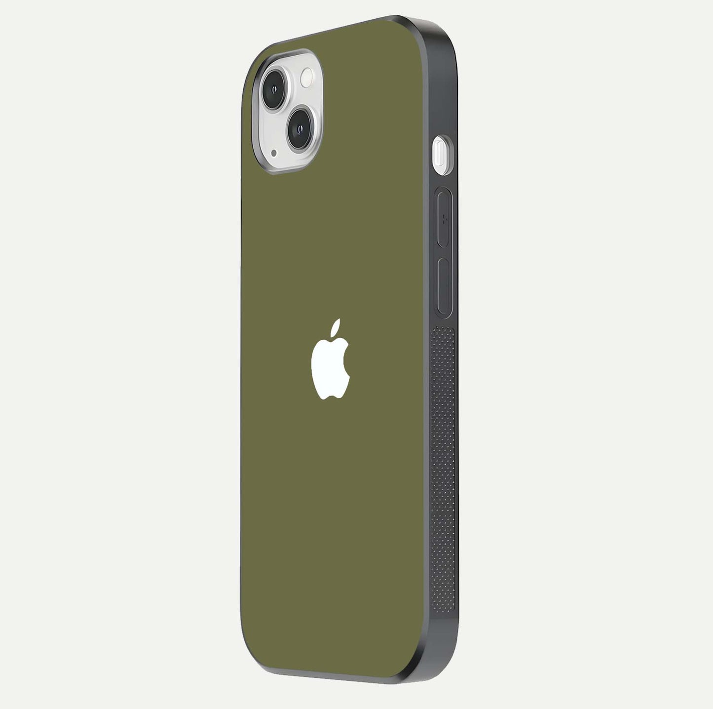 Olive Matte Essence Glass Case for iPhone 14 Plus side-angle image showing soft hue and elegant smooth surface