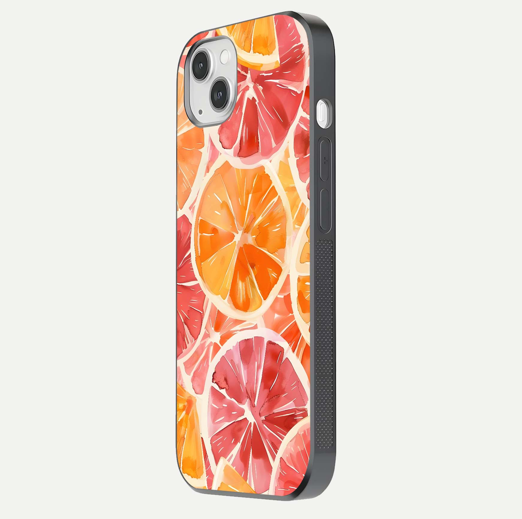 Orange Fruits Pattern Glass Case for iPhone 14 Plus side-angle image showing glossy shine and citrus pattern