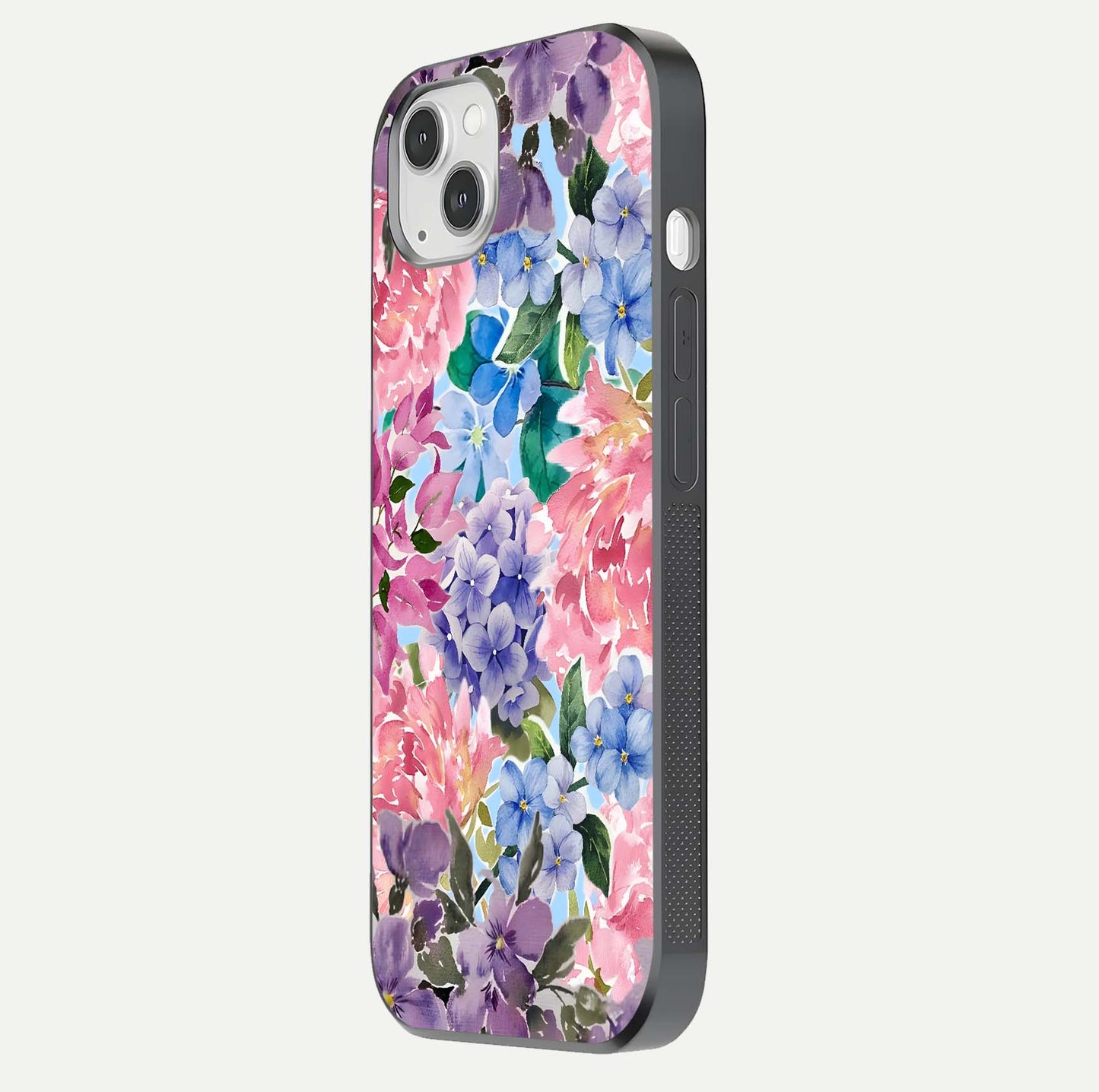 Pastel Floral Mix Glass Case for iPhone 14 Plus side-angle image showing reflection and delicate pastel hues