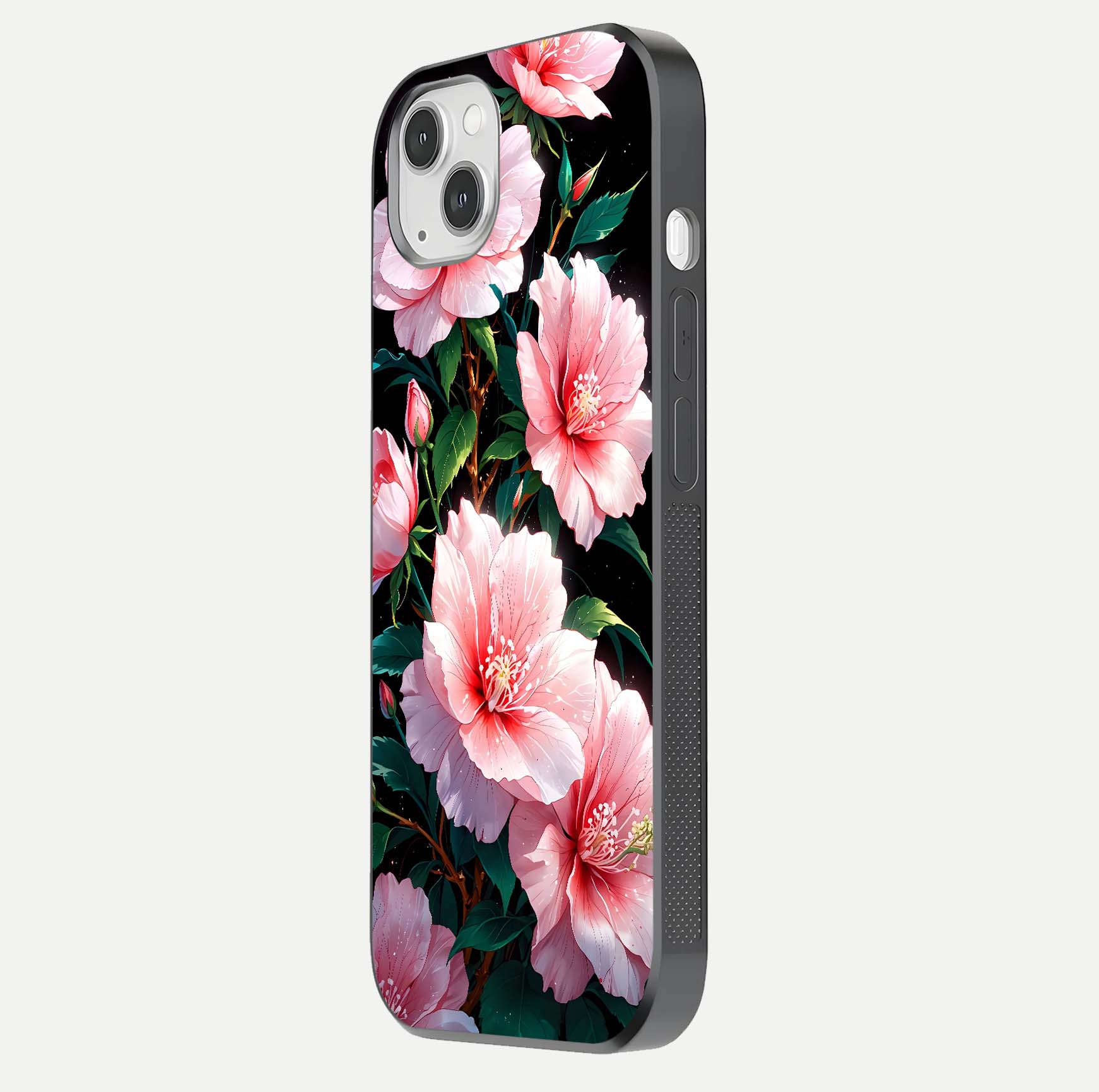 Peach Flower Glass Case for iPhone 14 Plus side-angle image showing gloss depth and peach blossom detail