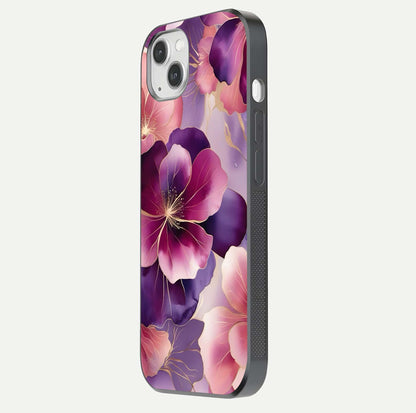 Pink Bouquet Florals Glass Case for iPhone 14 Plus side-angle image showing floral texture and reflection clarity
