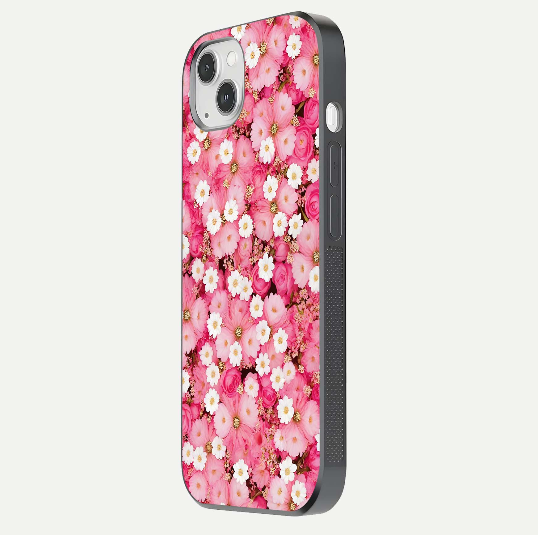 Pink Daisy Bliss Glass Case for iPhone 14 Plus side-angle image showing delicate daisy pattern and glass reflection