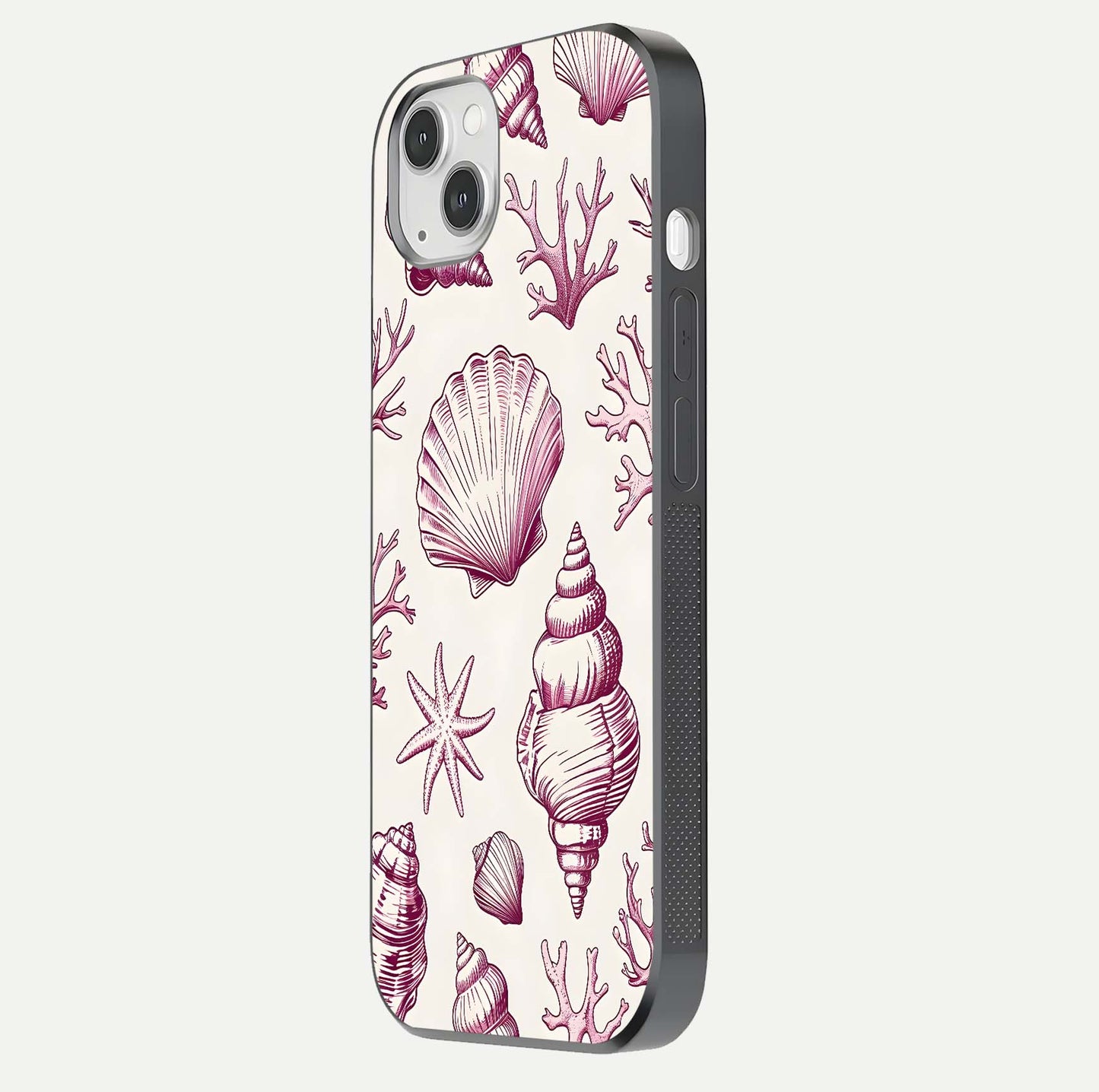 Pink Shells Outline Glass Case for iPhone 14 Plus side-angle image showing shine and intricate outline texture