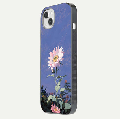 Pink Sunflower Glow Glass Case for iPhone 14 Plus side-angle image showing glossy edges and vivid sunflower tones