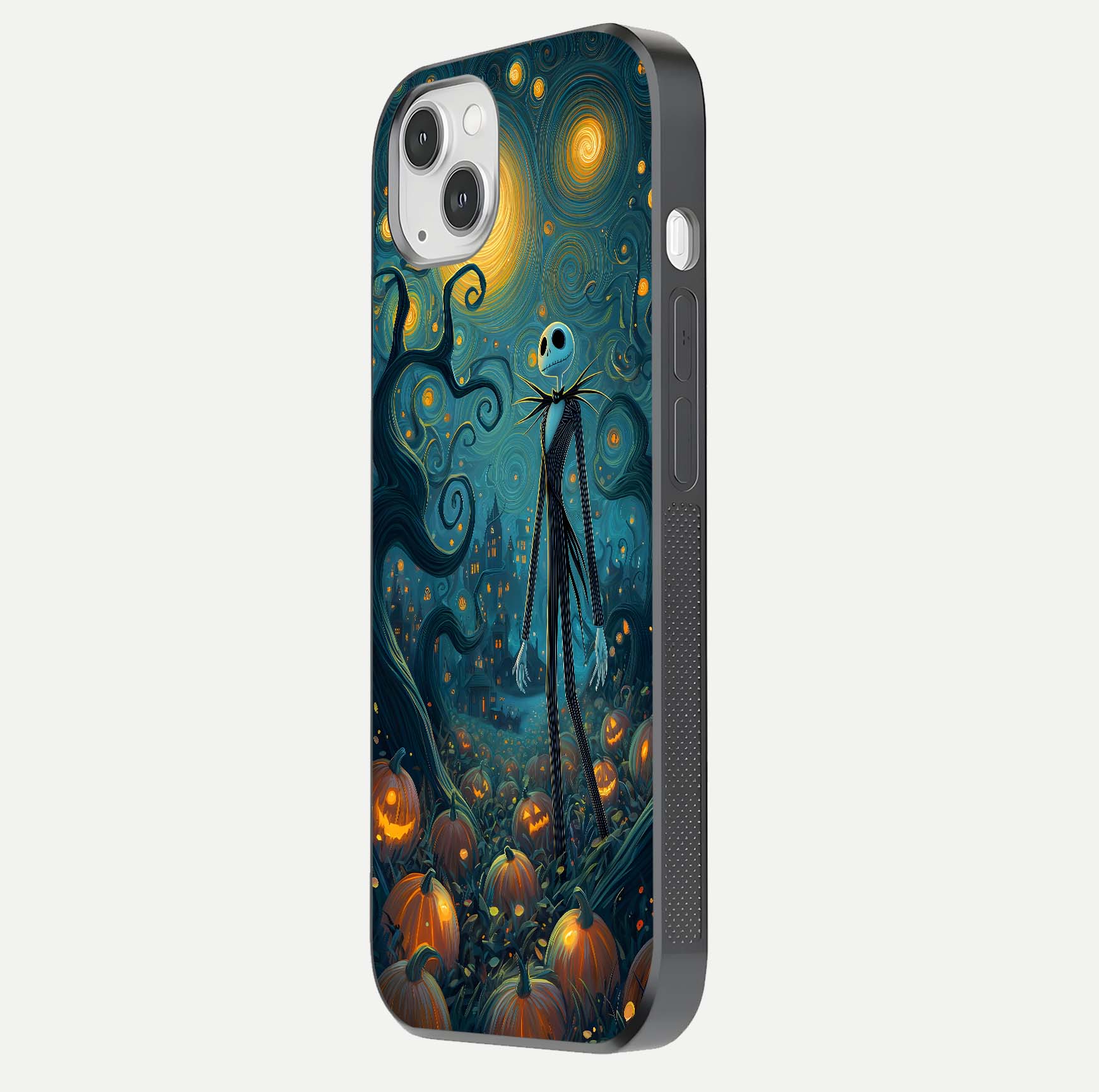 Pumpkin Moonlight Tale Glass Case for iPhone 14 Plus side-angle image showing glow texture and Halloween vibe