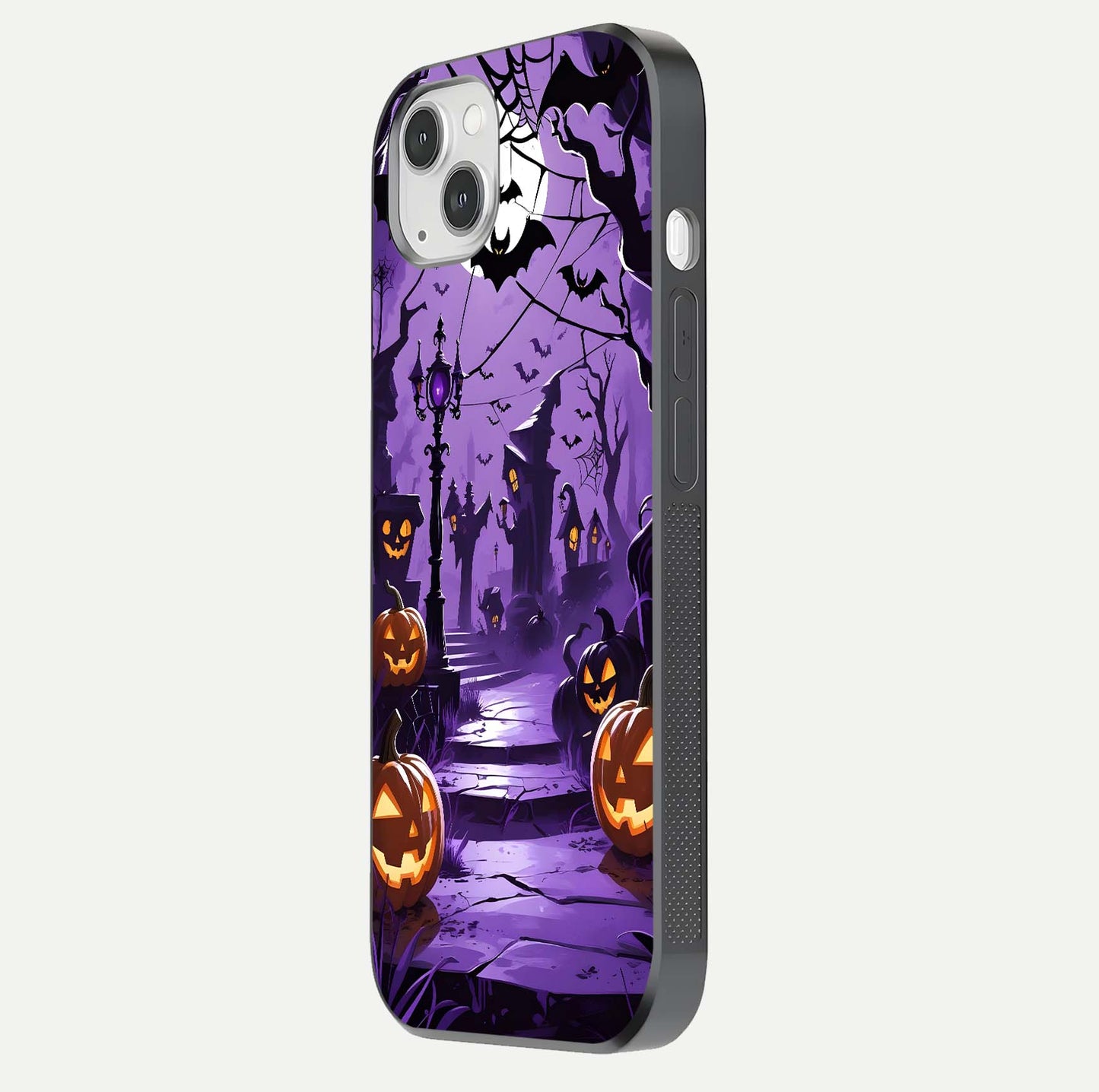 Pumpkin Patch Halloween Glass Case for iPhone 14 Plus side-angle image showing shine, camera cutout, and spooky art