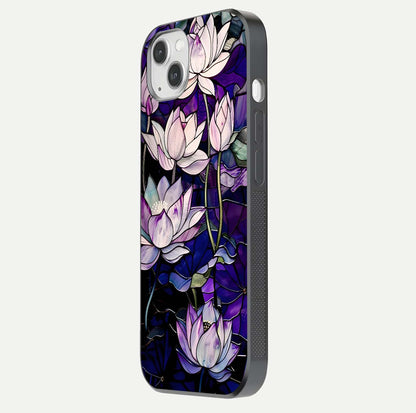Purple Lotus Pattern Glass Case for iPhone 14 Plus side-angle image showing reflection depth and lotus detail