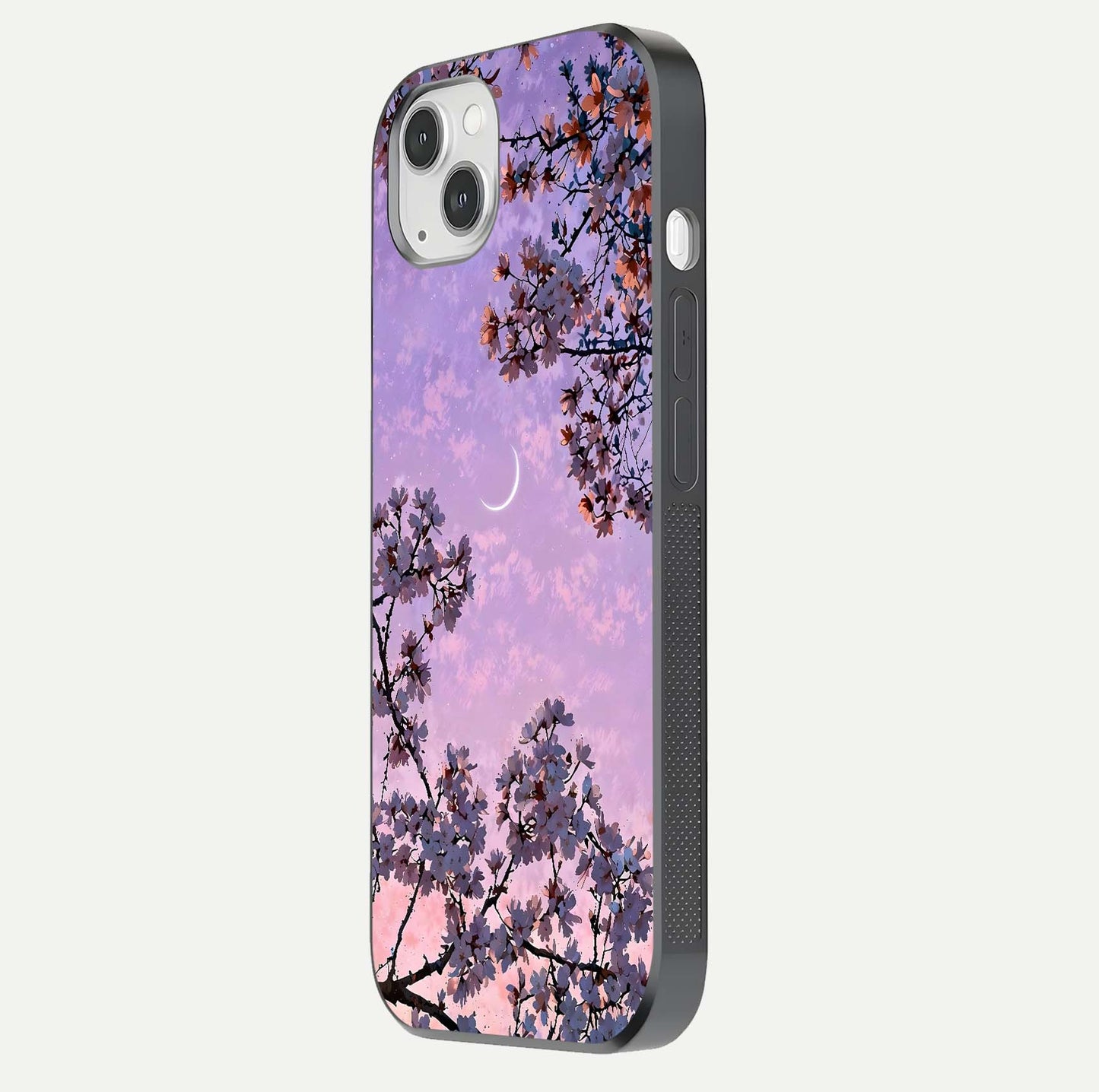 Purple Serenity Moon Glass Case for iPhone 14 Plus side-angle image showing reflection and lunar art precision