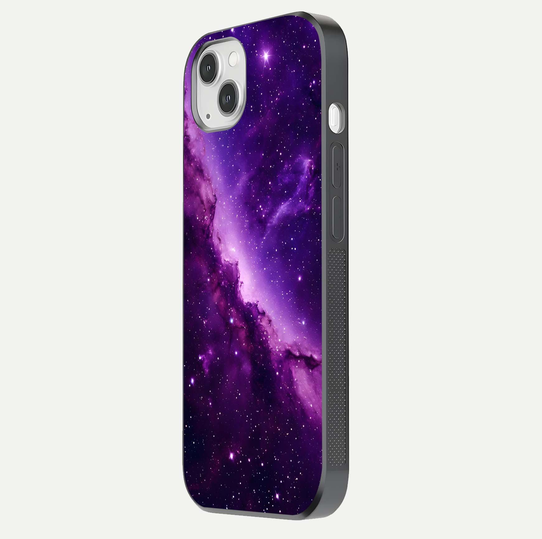 Purple Shade Sky Glass Case for iPhone 14 Plus side-angle image showing shine and soft violet blend