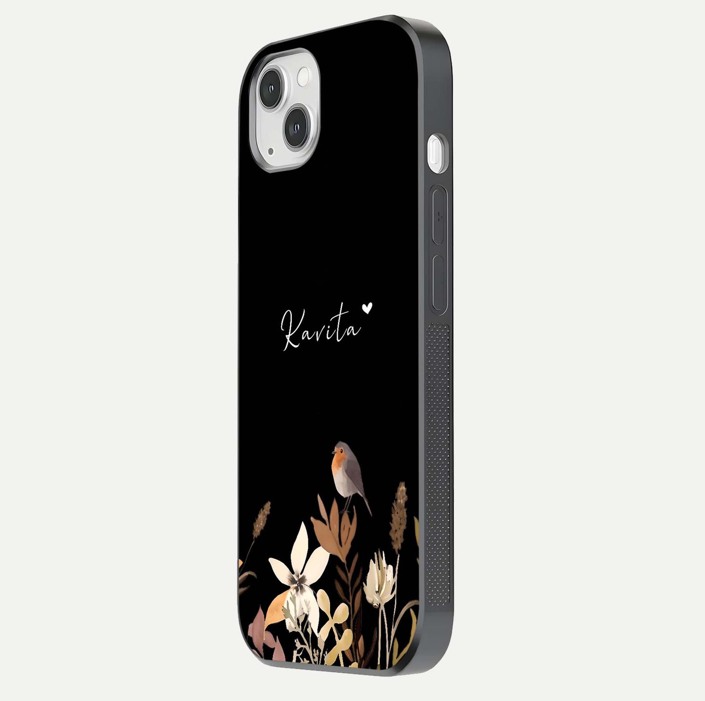 Quiet Garden Tune Custom Name Glass Case for iPhone 14 Plus side-angle image showing reflection and floral design
