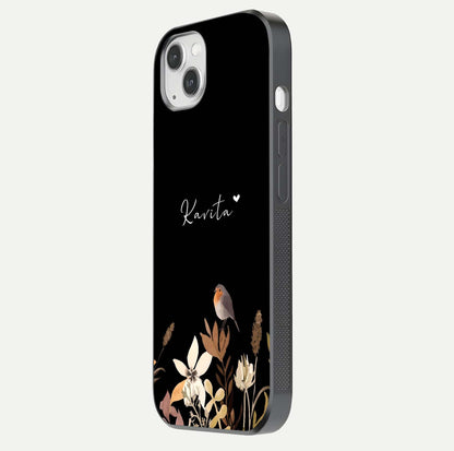 Quiet Garden Tune Custom Name Glass Case for iPhone 14 Plus side-angle image showing reflection and floral design