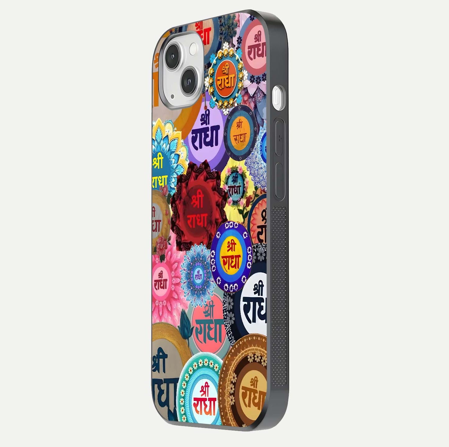 Radha Divine Bloom Glass Case for iPhone 14 Plus side-angle image showing shine, reflection, and floral motif