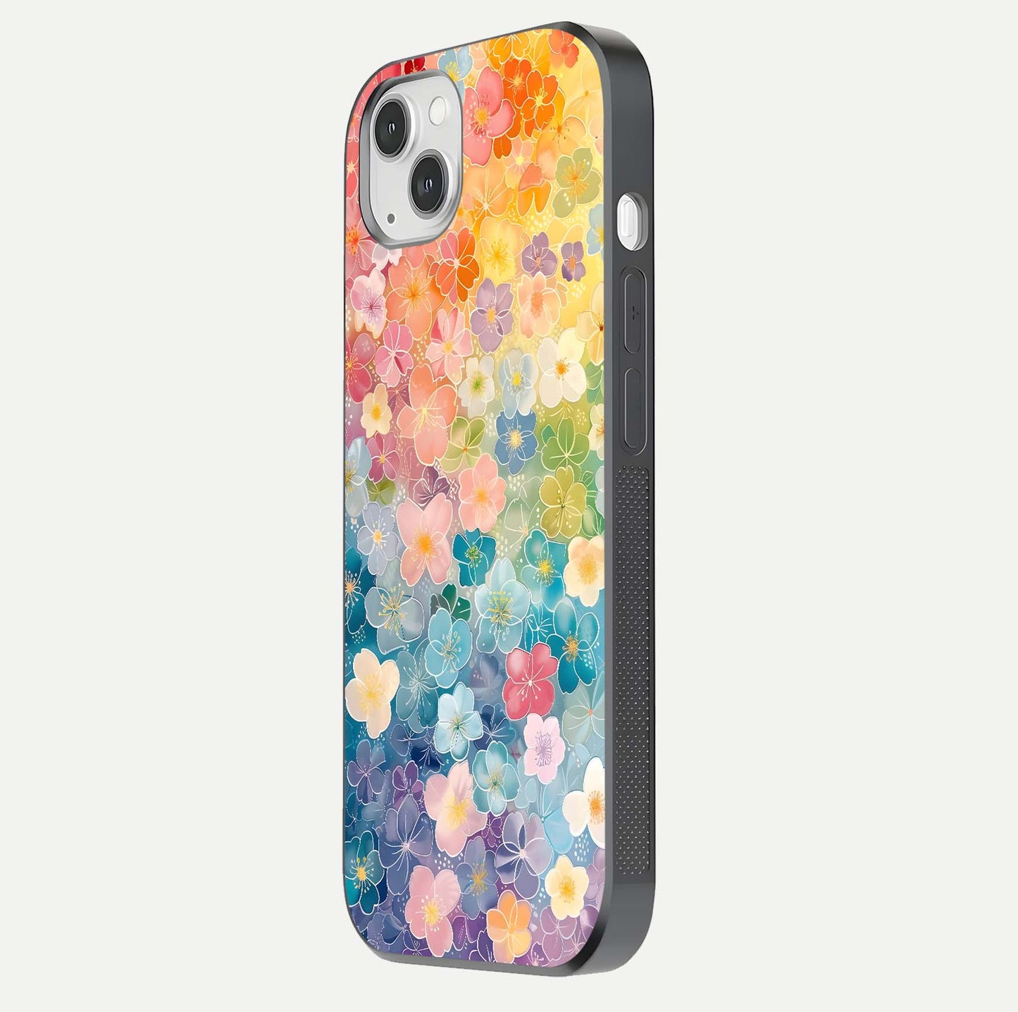 Rainbow Blossom Burst Glass Case for iPhone 14 Plus side-angle image showing reflection and floral burst detail