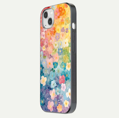 Rainbow Blossom Burst Glass Case for iPhone 14 Plus side-angle image showing reflection and floral burst detail
