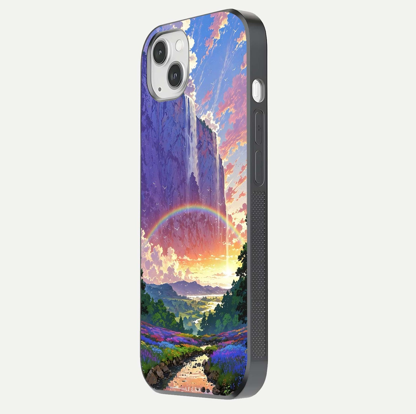 Rainbow Valley Dream Glass Case for iPhone 16 Pro side-angle image showing light reflection and scenic tones