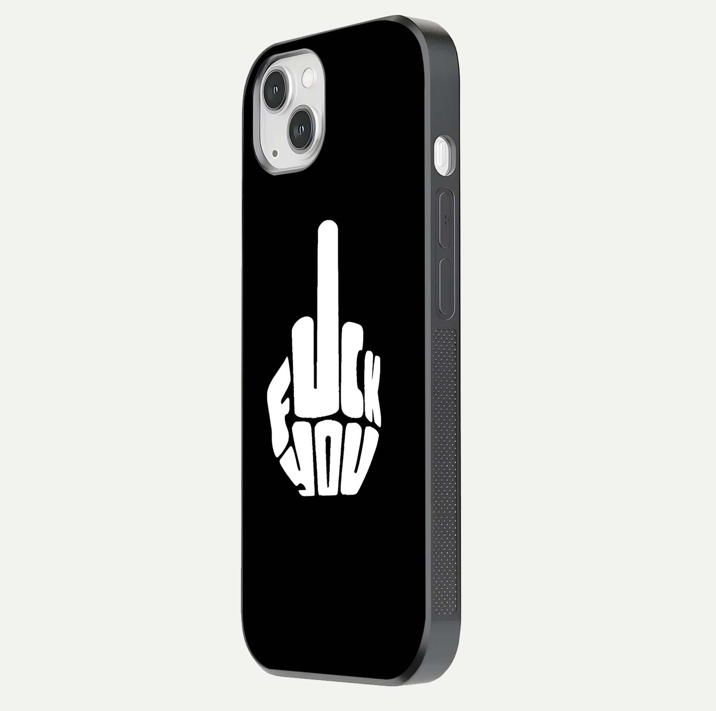 Rebel Mode On Glass Case for iPhone 14 Plus side-angle image showing reflection, edge detail, and text clarity
