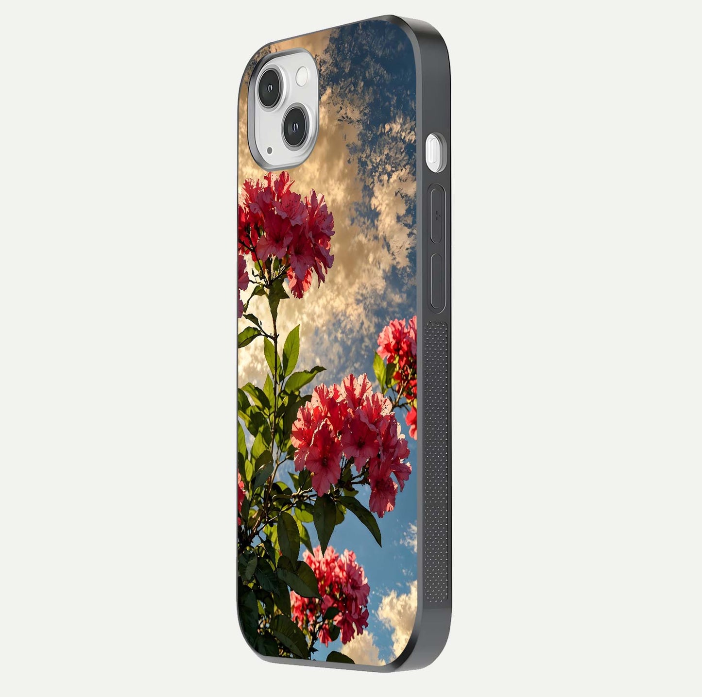 Red Bloom Skies Glass Case for iPhone 14 Plus side-angle image showing reflection, print clarity, and tone blend