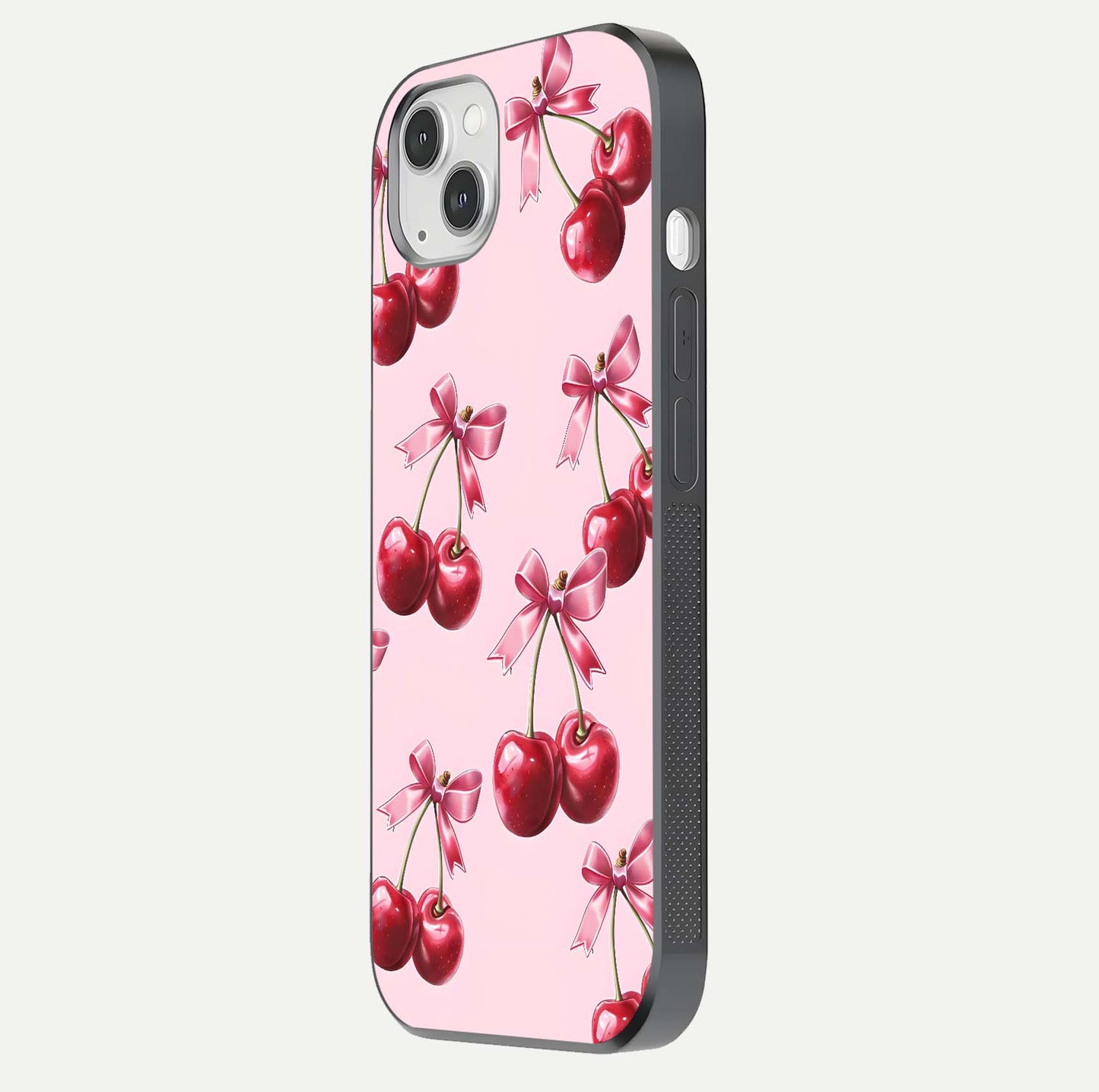 Red Cherries Pattern Glass Case for iPhone 14 Plus side-angle image showing gloss surface and cherry details