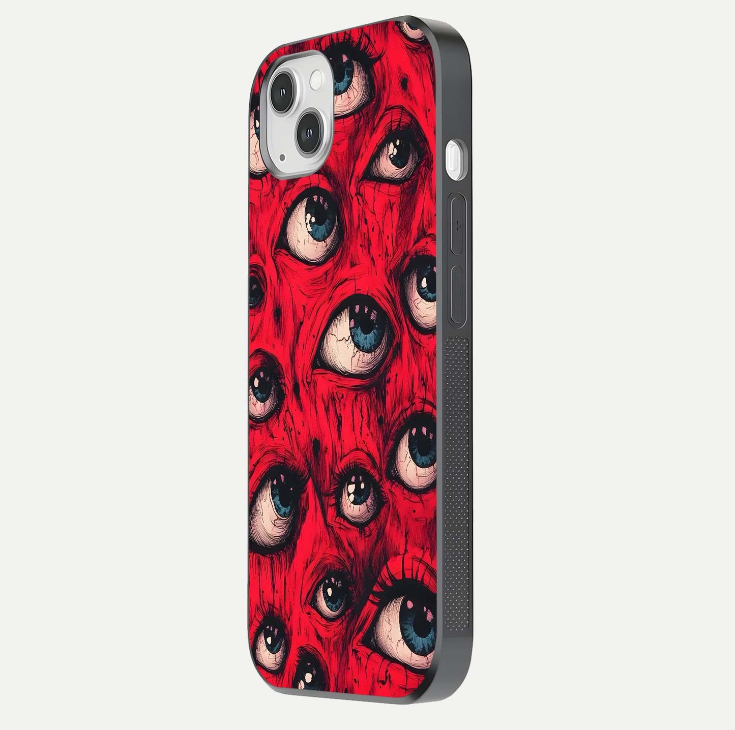 Red Eyes Pattern Glass Case for iPhone 14 Plus side-angle image showing shine, detail, and red tone clarity
