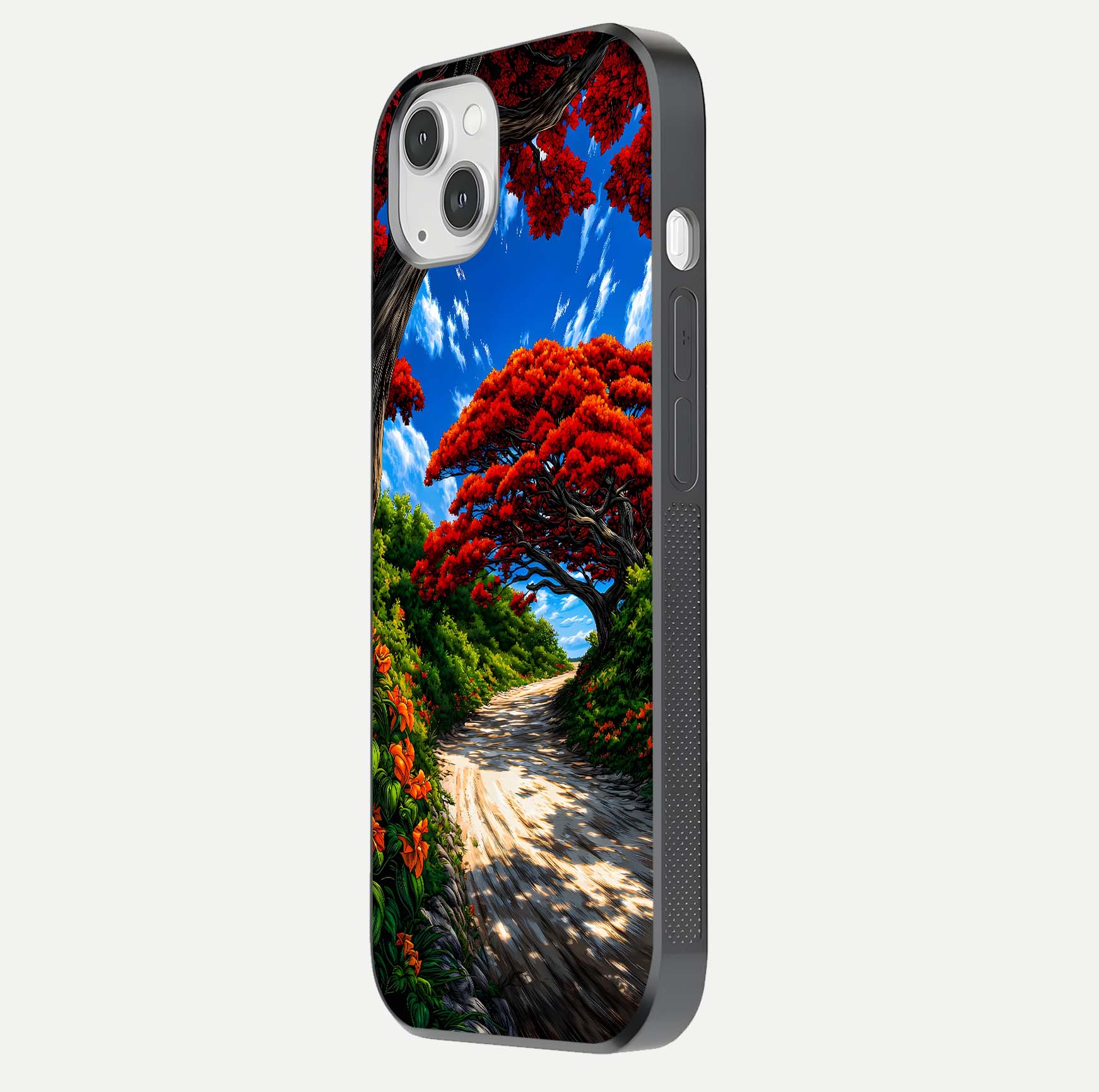 Red Trees Pathway Glass Case for iPhone 14 Plus side-angle image showing reflection and autumn vibe