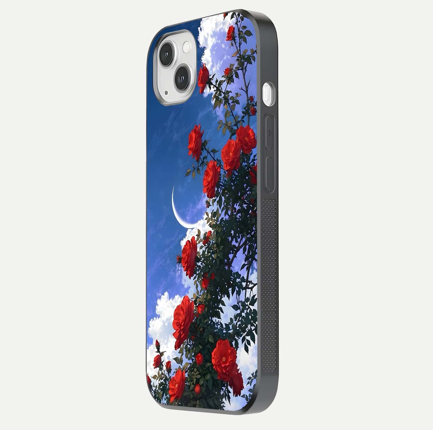 Rose Drift Flowers Glass Case for iPhone 14 Plus side-angle image showing reflection and petal detail