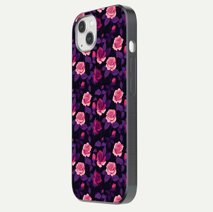 Rose Garden Twilight Glass Case for iPhone 14 Plus side-angle image showing reflection, gloss, and floral detail